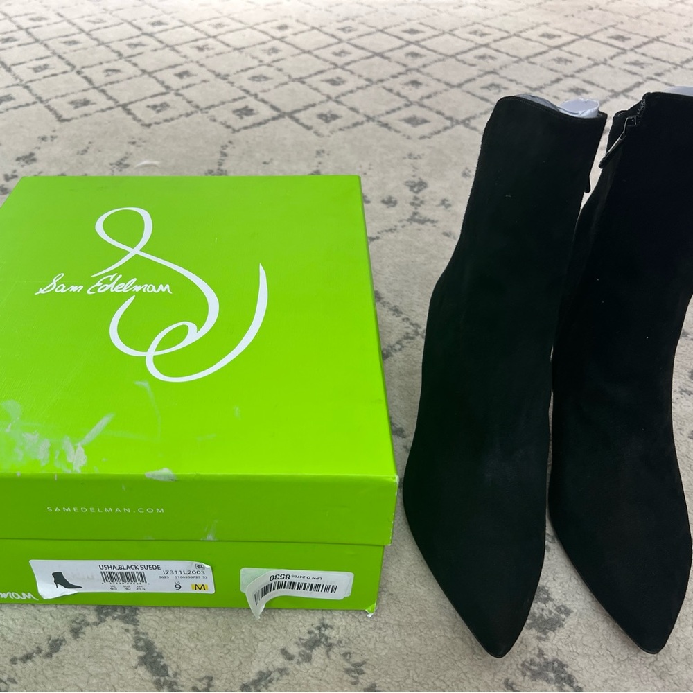 Sam Edelman Black Suede Pointed-Toe Heeled Ankle Boots